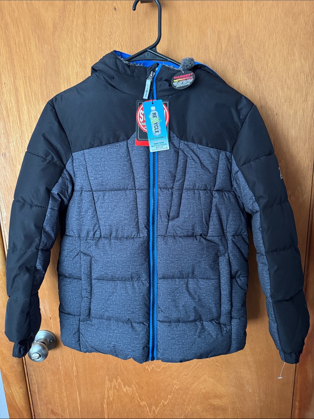 ZeroXposur Boys Black and Charcoal Hooded Puffer Jacket with Blue Trim